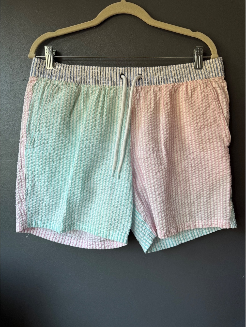 J Crew Flex Swimwear Men's Seersucker Swim Trunks, Size Large